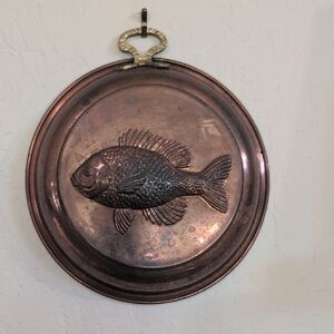 Vintage Copper Fish Mold Tin Lined Brass Handle Wall Hanging 7¾" Greece Greek